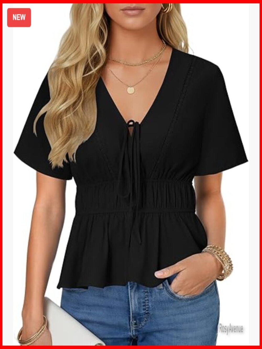 Deep V Neck Tie Knot Ruffle Ruched Short Sleeve Blouse Top